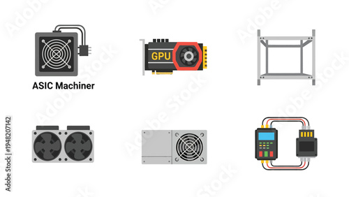 Cryptocurrency Mining Hardware & Equipment Vector Icons. ASIC Miner, GPU, Rig, Power Supply for Blockchain Technology.