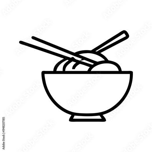 Black line icon of noodles in bowl with chopsticks