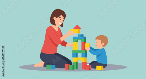 Woman and child building block tower.
