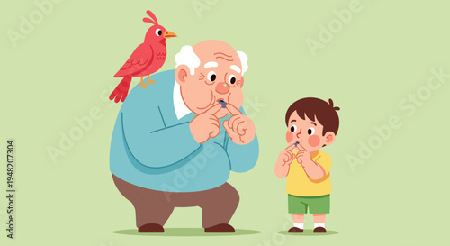 Man and boy with red cardinal.