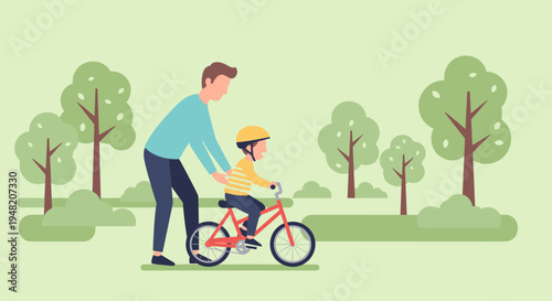 Man helping child on bicycle.