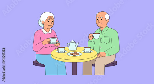 Elderly couple having tea together.