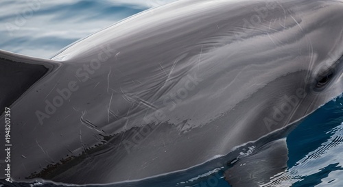 Close-up of a Dolphins Head Emerging from Blue Water.