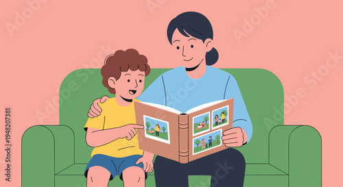 Woman reading book with little boy.