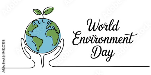 A continuous line drawing of hands holding the earth with a sprout for world environment day event Vector, illustration