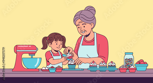 Woman and girl baking cupcakes together.