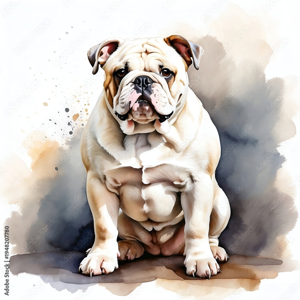 Fototapeta premium Watercolor portrait of a muscular English bulldog, sitting grumpy dog illustration with splashes, digital pet art on white background