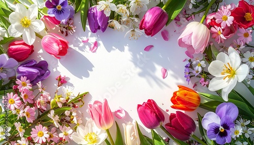 Floral Frame: A vibrant composition of fresh spring blossoms, including tulips and other delicate flowers, forms a beautiful frame. Displaying the charm of spring.