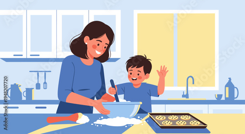 Woman and child baking cookies.