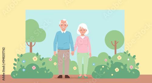 Elderly couple standing together outdoors smiling.