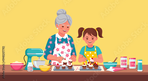 Woman and girl baking cakes together.