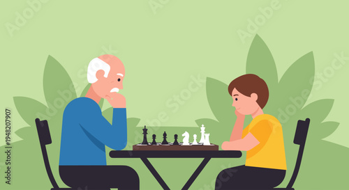 Elderly man and young boy playing chess.