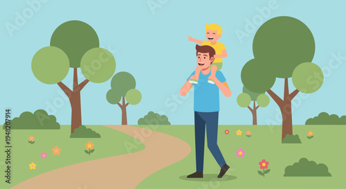 Man carrying child on shoulders outdoors.
