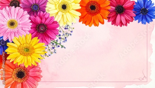 Vibrant Floral Frame: A stunning composition of brightly colored gerbera daisies forms an eye-catching border, artfully arranged to enhance a blank space, perfect for adding your personal message.