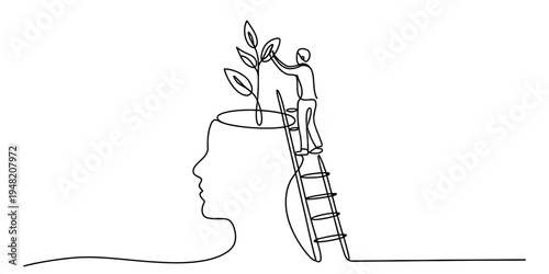 A conceptual continuous line drawing of a person tending to a plant growing from a human head Vector, illustration
