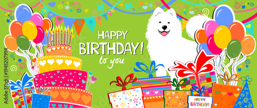 Happy Birthday Banner. Celebration green background with colorful gift boxes, candles, Birthday cake, balloons, garland  and place for your text. Horizontal banner. Greeting, invitation card or flyer