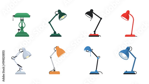 Modern and classic desk lamps collection. Flat design vector set of office and home lighting fixtures.