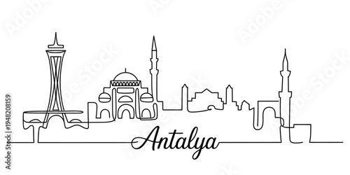 A minimalist single line drawing of the antalya city skyline featuring iconic architectural landmarks Vector, illustration