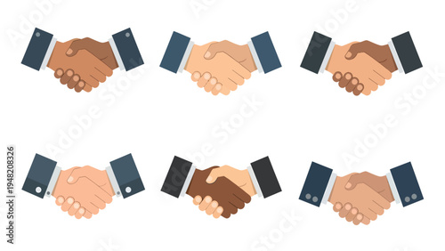 Diverse Business Handshakes. Flat vector illustration of agreement, partnership, and collaboration with various skin tones.