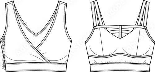 Women’s sports bras technical fashion sketch, wrap‑style V‑neckline and multi‑strap back design, vector garment illustration – flavector