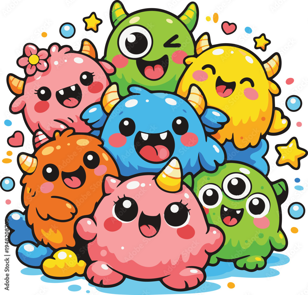 Fototapeta premium Group of cute colorful cartoon monster characters with playful expressions. Fun kids illustration suitable for stickers, children books, and playful design.