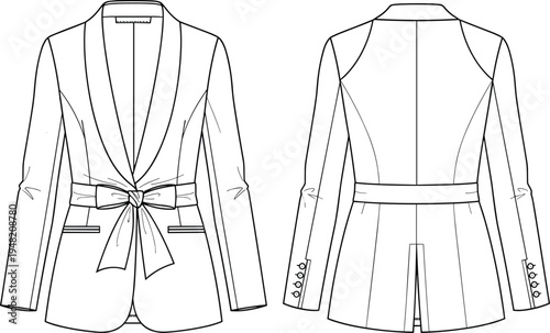 Women’s tailored blazer technical fashion sketch, shawl collar with waist tie belt and welt pockets, vector garment illustration – flavector