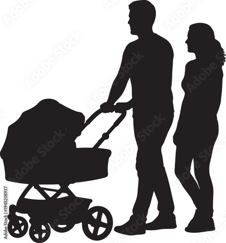 Silhouette of a man and woman pushing a baby stroller with a covered infant also transparent background