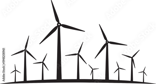 Silhouette of multiple wind turbines of varying sizes against a white background also transparent background