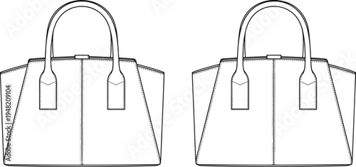 Women’s trapezoid handbag fashion sketch, front view illustration, structured sides design, technical drawing, accessory construction fashion illustration
