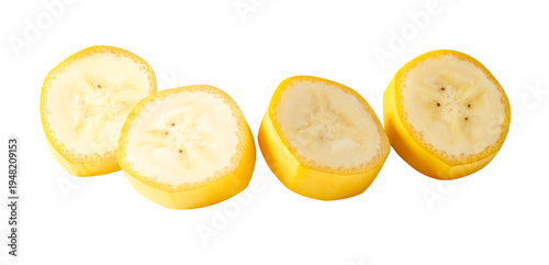 A ripe yellow banana fruit in circle slices in pile isolated with clipping path in png file format