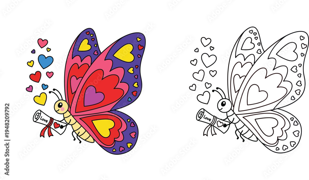 Fototapeta premium Cute Valentine butterfly holding love letter coloring page illustration color and black outline