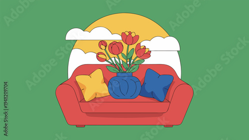 Vibrant Spring Interior A Cozy Red Sofa Adorned with Tulips and Pillows, Bringing Freshness to the Home