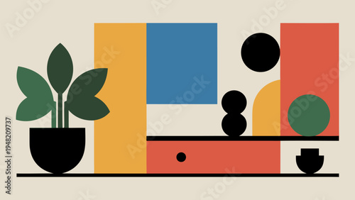 Spring home interior decor with abstract geometric shapes and a potted plant in a minimalist style