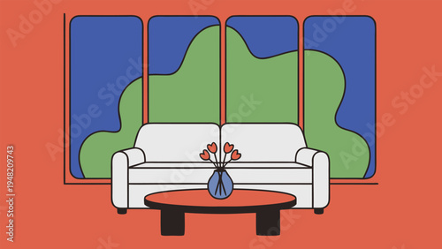 A cozy spring interior, bringing the outdoors in with vibrant green hues and a comfy sofa for a relaxing home sanctuary