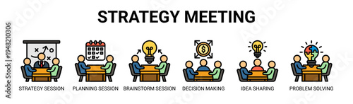 Strategy Meeting web banner icon vector illustration concept with icons of strategy session, planning session, brainstorm session, decision making, idea sharing, and problem solving.
