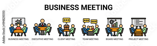 Business Meeting web banner icon vector illustration concept with icons of business, executive, client, team meeting, board meeting, and project meeting.