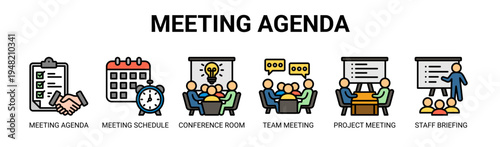 Meeting Agenda web banner icon vector illustration concept with icons of meeting agenda, meeting schedule, conference room, team meeting, project meeting, and staff briefing.