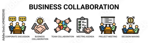 Business Collaboration web banner icon vector illustration concept with icons of corporate discussion, business collaboration, team collaboration, meeting agenda, project meeting, and decision making.