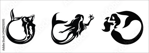Mermaid Silhouette Vector Set - Mythical Sea Creature and Siren Icons.