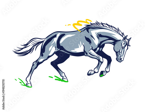 Galloping horse graphic illustration. Running stallion sports logo design for apparel, sticker, poster, and emblem usage.