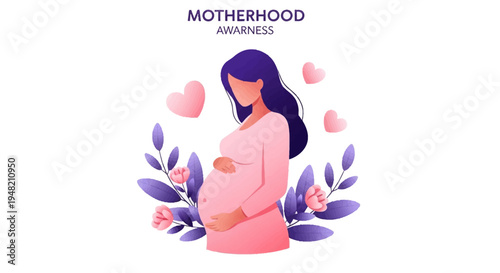 Illustration of a pregnant woman surrounded by flowers and hearts, symbolizing motherhood awareness and prenatal life, with a silhouette design