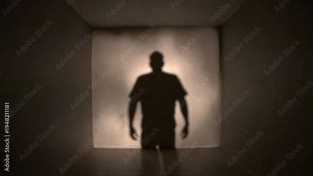 Obraz premium Silhouette of man standing in a dark, minimalistic room with light background