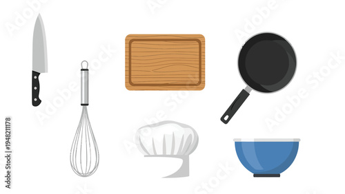 Kitchen Utensils and Chef Accessories Vector Set. Cooking Tools Collection: Knife, Whisk, Pan, Board, Hat, Bowl.