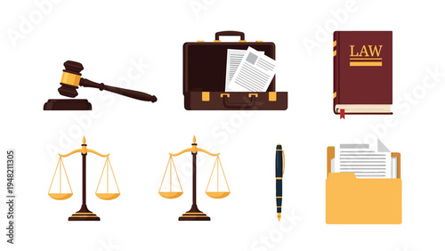 Legal Tools and Justice Symbols Vector Illustration Set. Gavel, Scales, Briefcase, Law Book, Pen, and Folder Icons.