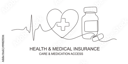 Continuous line drawing vector illustration of a heartbeat and heart shape vector  Continuous one line drawing of heart shape with heartbeat pulse line symbolizing health insurance and medical