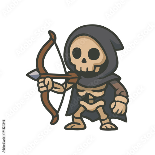 Skeleton archer aiming bow. Undead ranger in hooded cloak. Bone archer monster ready to shoot.