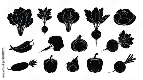 A comprehensive collection of vegetable silhouettes featuring various types of produce