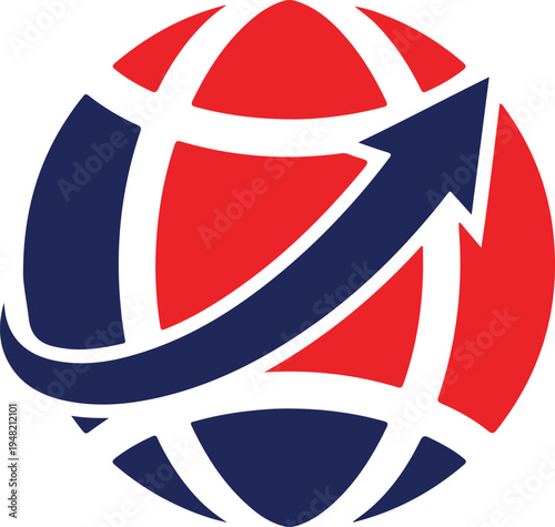 Abstract globe with arrow and red shapes representing global business, growth, and forward momentum