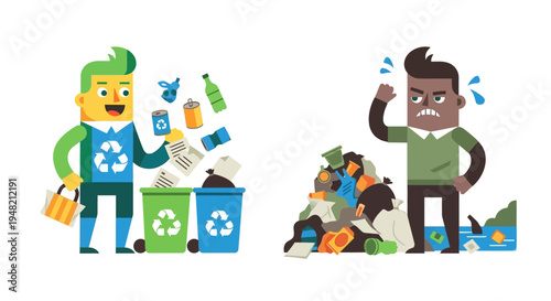 Happy Recycler Promoting Cleanliness Versus Frustrated Person Amidst Unsorted Garbage, Illustrating Waste Management Impact