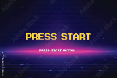 PRESS START. press start button. pixel art 8 bit. Retro Futurism Sci-Fi Background. glowing neon grid. and stars from vintage arcade computer games